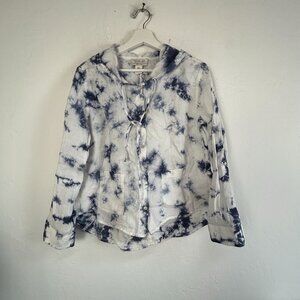 Rachel Zoe Womens Blue & White Tie-Dye Linen Hooded Button-Up Shirt Small New